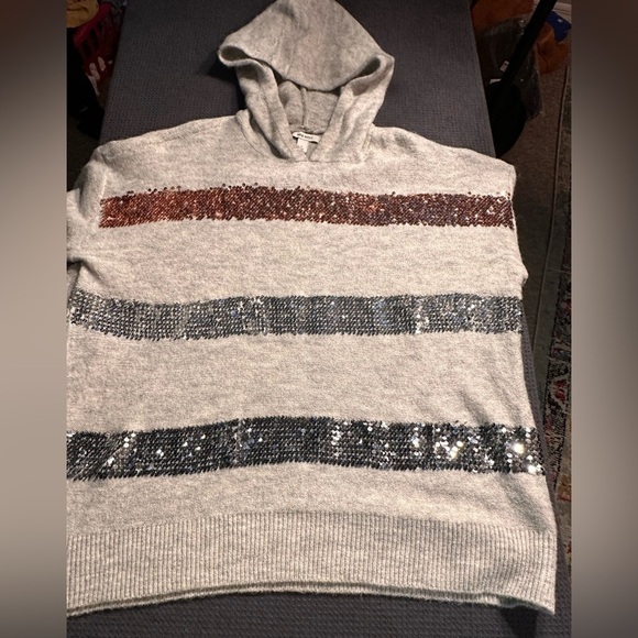 Nine West Hooded Sweater w/Stripes in Copper & Silver Sequins Size Large NWOT - Picture 5 of 9